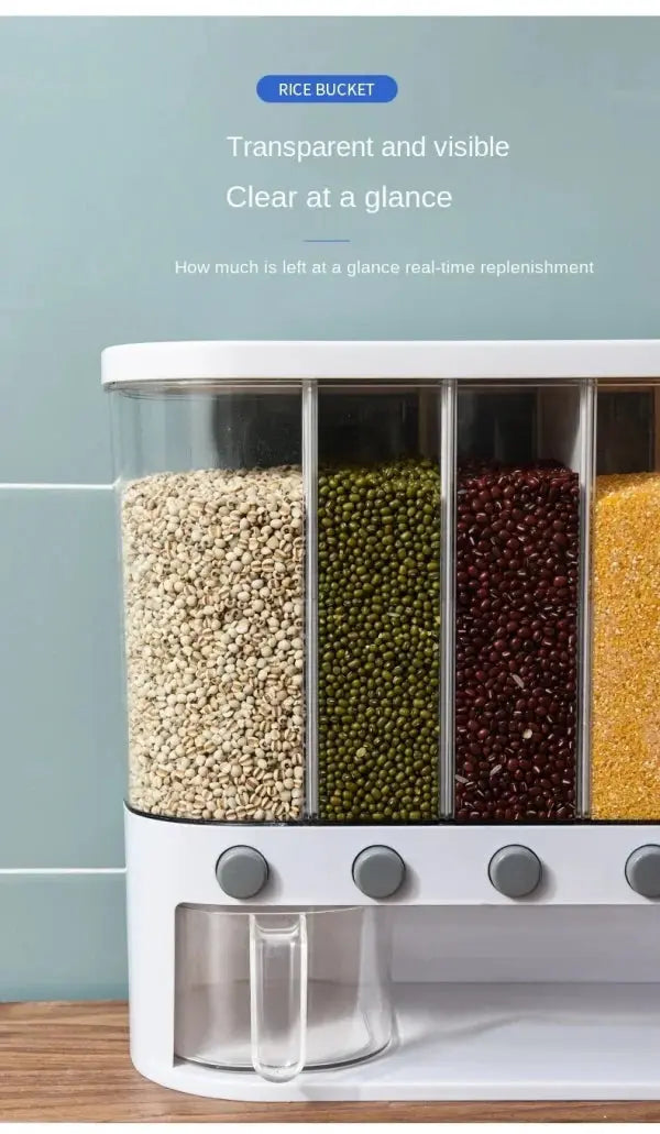 6 Grid Kitchen Dry Food Dispenser Beans, Grain, Rice And Cereals Sealed Storage Tank CVO Mart